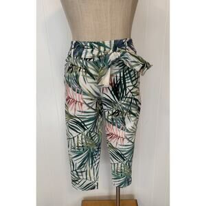 Bella Rose Pants Womens Small Tropical Leaf Belted Cropped Capris Summer Casual